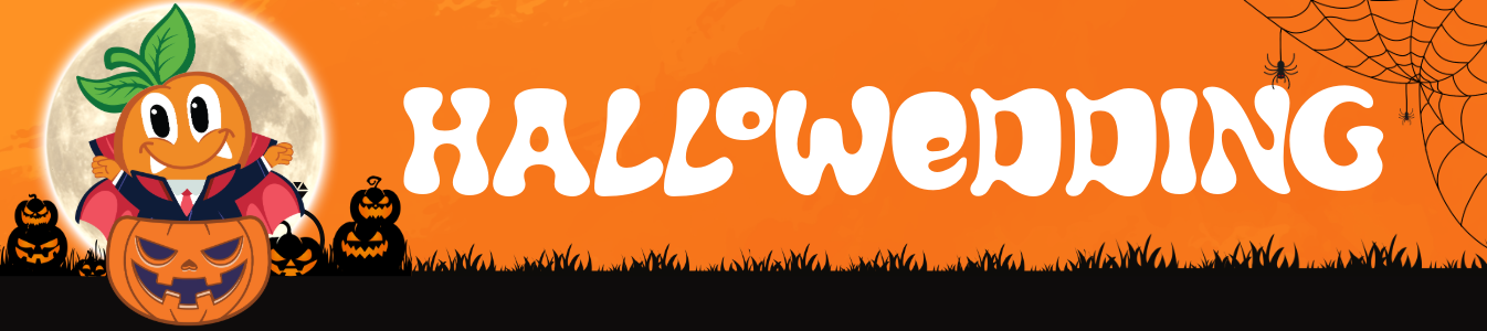 Halloween banner with a vampire slice holding a pumpkin bucket, moon behind him, jack‑o’-lanterns and spider webs around, “HALLOWEDDING” in white text