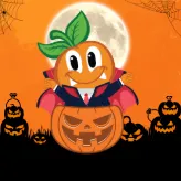 Vampire slice sitting inside a carved jack‑o’-lantern, wearing a cape and fangs, with moon, spider webs, and jack‑o’-lanterns in the background.